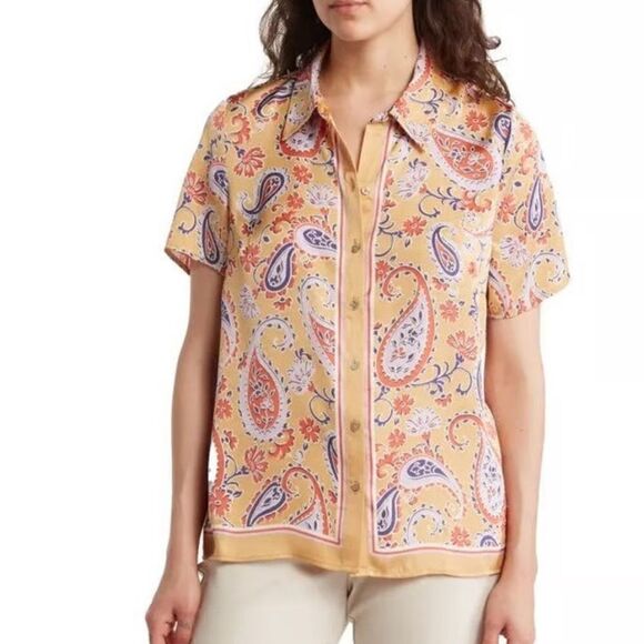 DR2 Button Up Short Sleeve Blue Paisley Blouse Top - Picture 6 of 6
